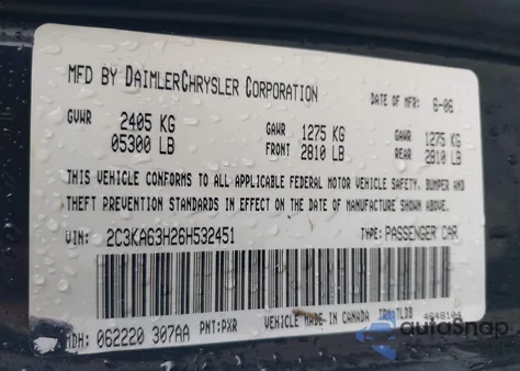 2006 Chrysler 300C z USA, uszkodzony, nr VIN 2C3KA63H26H532451